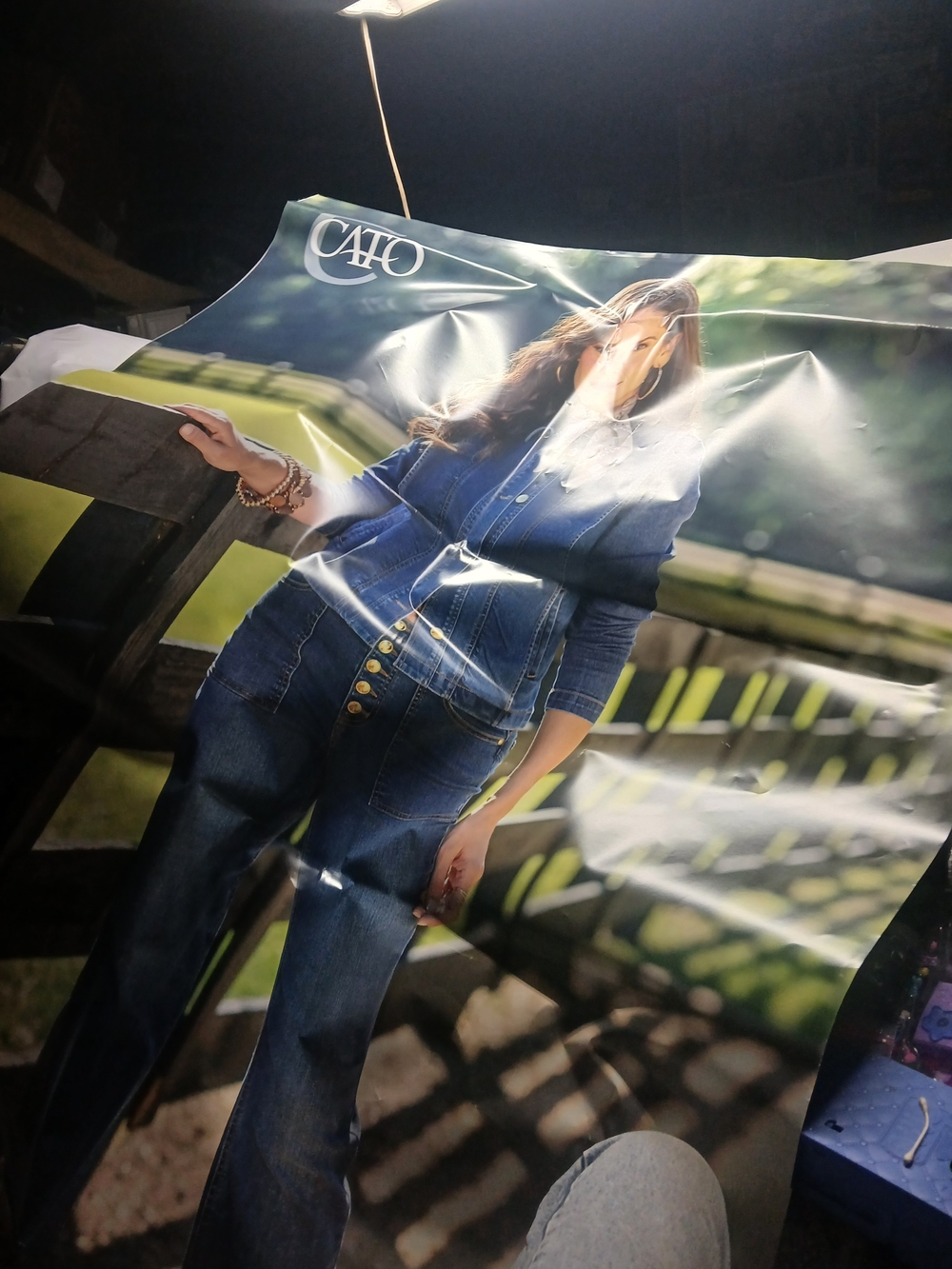 52"x76" Huge Wall Poster Cato dark denim button-down top and matching dark denim